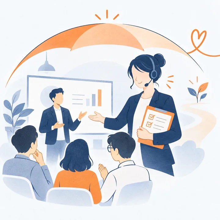 講師と参加者を支える運営スタッフのイラスト